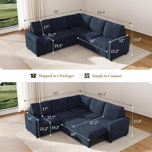 Vesgantti 88.4" Sleeper Sectional Couch with Pull Out Bed, 5 Seater L Shaped Modular Sectional Sofa with Storage, Comfy Chenille Modular Sofa for Living Room, Bedroom, Apartment, Blue