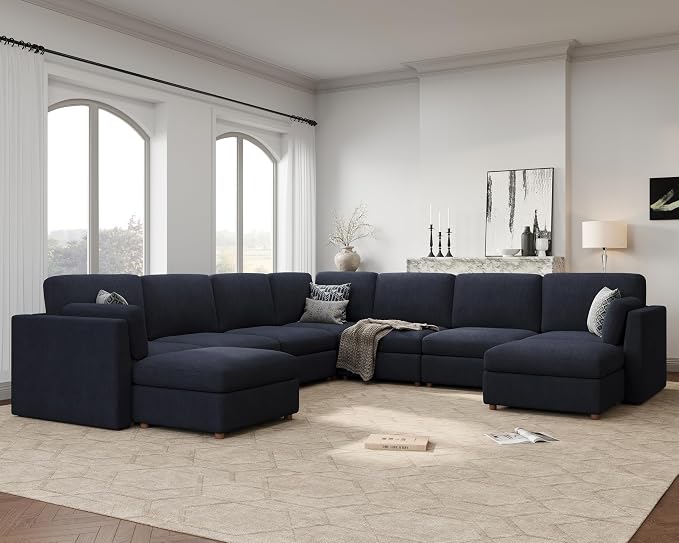 Oversized Modular Sectional Sofa U-Shaped Cloud Couches Blue | Large Deep Seat Couch for Living Room, 9 Seater Luxury Corner Sofa with Ottoman, Solid Wood Frame, Removable Washable Cover