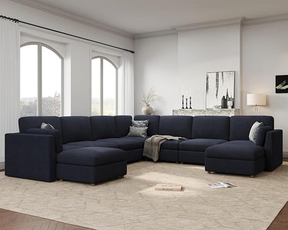 Oversized Modular Sectional Sofa U-Shaped Cloud Couches Blue | Large Deep Seat Couch for Living Room, 9 Seater Luxury Corner Sofa with Ottoman, Solid Wood Frame, Removable Washable Cover