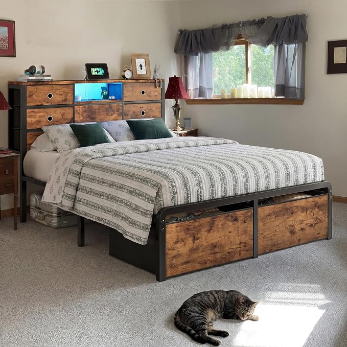 Homkdom Full Size Bed Frame with 8 Fabric Drawers Storage, LED Lights & Charging Station, Metal Platform Bed Frame with Headboard Storage Providing Noise-Free and Easy Assembly,Modern Brown