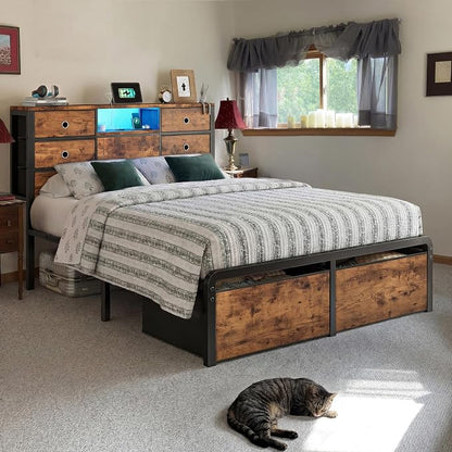 Homkdom Full Size Bed Frame with 8 Fabric Drawers Storage, LED Lights & Charging Station, Metal Platform Bed Frame with Headboard Storage Providing Noise-Free and Easy Assembly,Modern Brown