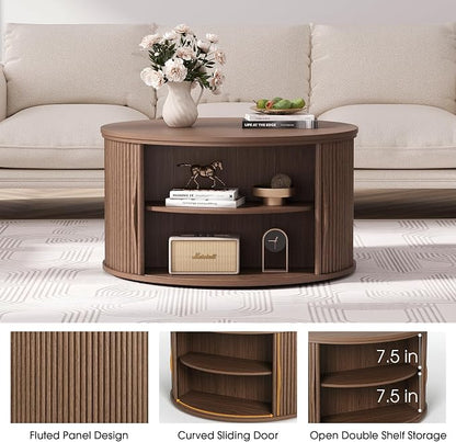 JOINICE 31.5" Round Lift Top Coffee Table, Mid Century Modern Walnut Center Table with Hidden Storage, Fluted Drum Wood Design for Small Living Room & Apartment