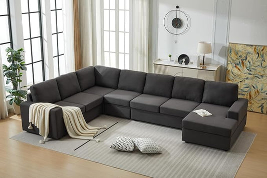 Ball & Cast 147" L-Shaped Sectional Couches for Living Room with Reversible Chaise&Removable Back Cushions,7 Seat Linen Upholstered Convertible Sectional Sofa,DIY Combination,for Home,Office,Dark Gray