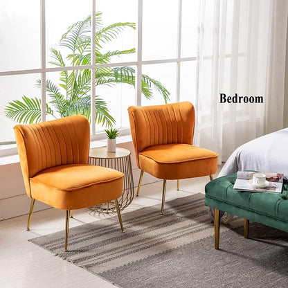 DUOMAY Modern Accent Chair Set of 2 Velvet Slipper Chair with Gold Legs Wingback Side Chair for Living Room Bedroom Entryway Small Corner Chair for Space Saving, Orange