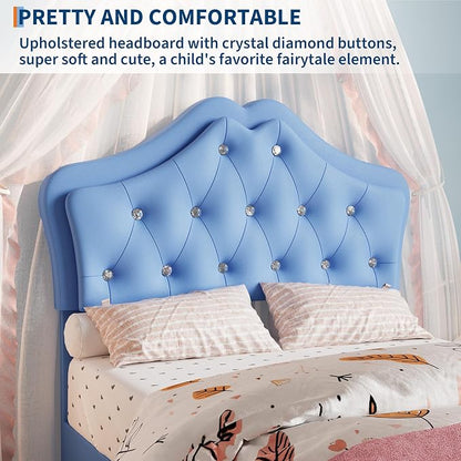 Garvee Twin Size Bed Frame with LED Lights & Velvet Crystal Button Headboard, Upholstered Boy/Girl Platform Bed with Storage Drawer, Noise Free, No Box Spring Needed for Kids, Teens, Blue