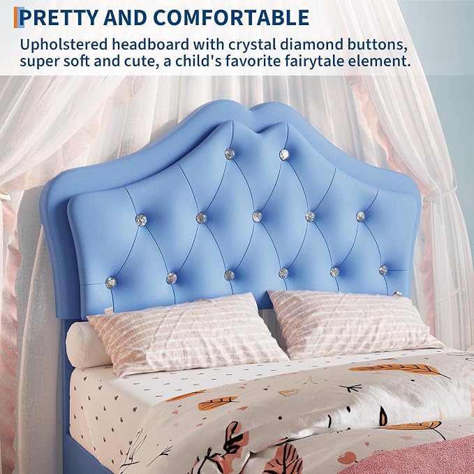 Twin Size Bed Frame for Girls with Storage Drawers & LED Lights, Upholstered Platform Bed, Velvet Crystal Button Princess Bed, Noise-Free Slats, No Box Spring Needed for Kids, Teens, Blue