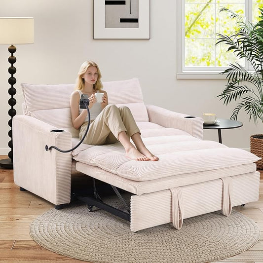 HAOMARKETS 3-in-1 Convertible Loveseat Sleeper Sofa Bed, 2-Seat Pull Out Couch with Cup Holders, Phone Holder and USB Ports, Corduroy 3-Level Adjustable Backrest Couches for Living Room, Beige