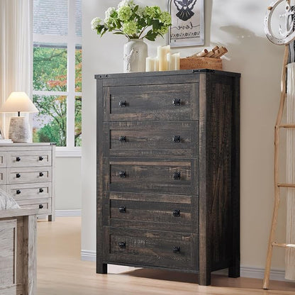 T4TREAM 48" Tall Farmhouse 5-Drawer Dresser for Bedroom, Dark Rustic Oak | Rustic chests of drawers, Wood Storage Cabinet, Metal Handle, Unique Corner Accent, Bedroom, Living Room, Hallway