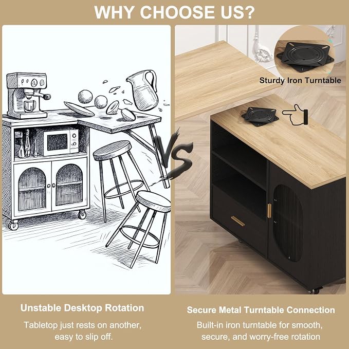 HSH 72" Rolling Kitchen Island with Seating, 360° Swivel Table, Kitchen Island with Storage Cabinet, Drawer & Shelves, Farmhouse Mobile Island Cart on Wheels for Dining Room & Home Bar, Black Oak