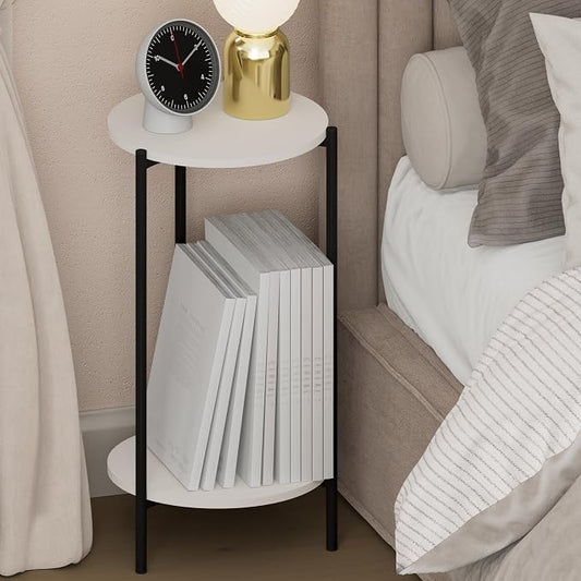 Furinno BESI Night Stand, 2-Tier Tall Round Nightstand with Metal Legs, Metal Frame Narrow End Table with Open Shelf, Side Table, Bedside Table, for Bedroom, Closet, Dorm, White