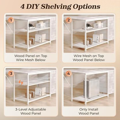 PRAISUN 61" L Shaped Desk with Power Outlets & USB-C Port, Reversible Computer Corner Office Desk with 4 Fabric Drawers and 2 Storage Shelves, Large Desk for Gaming Writing Study, White