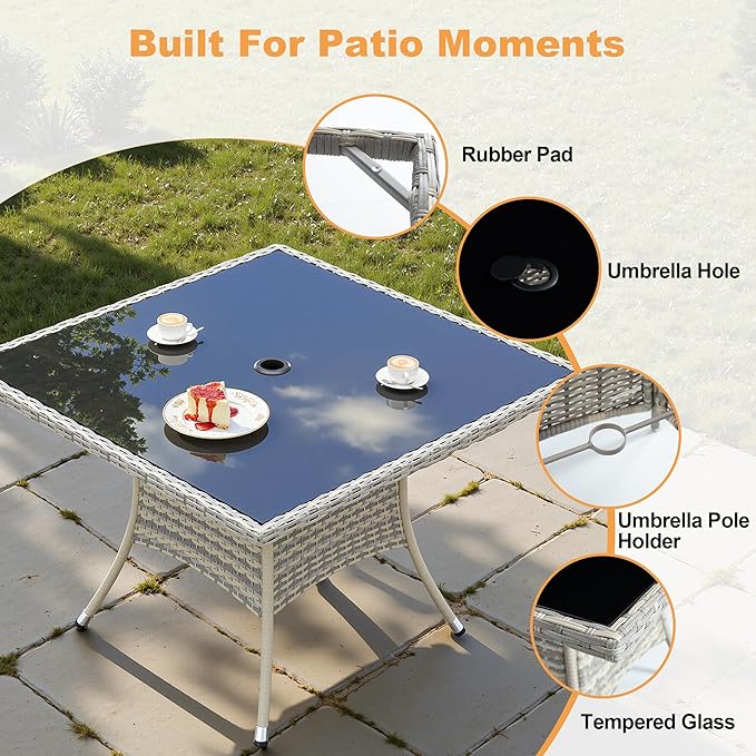 5-Piece Patio Dining Set, Patio Furniture Set with Square Tempered Glass Table & 4 Wicker Chairs, Expandable Design for Larger Groups, Outdoor Furniture for Backyard, Deck, Garden, Dark Grey