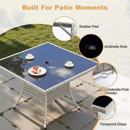 5-Piece Patio Dining Set, Patio Furniture Set with Square Tempered Glass Table & 4 Wicker Chairs, Expandable Design for Larger Groups, Outdoor Furniture for Backyard, Deck, Garden, Dark Grey