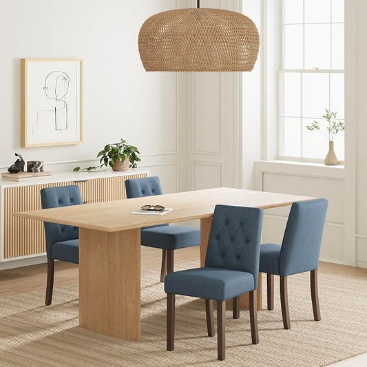 Upholstered Dining Chairs Set of 4, Modern Fabric Dining Chairs with Tufted Design, Kitchen Side Chairs, Farmhouse Dinner Chair with Wood Legs for Kitchen Restaurant Living Room, Blue