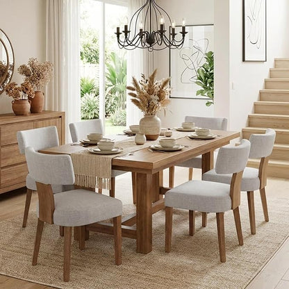 HNY Set of 6 Mid Century Modern Dining Chairs, Farmhouse Linen Fabric Upholstered Accent Chair Curved Backrest Kitchen Chairs, with Hardwood Frame, Grey, 6PC