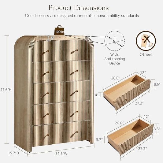 T4TREAM Fluted Dresser with 5 Drawers, 48" Tall Modern Chest of Drawers with Thickened Curved Profile Design, Wood Closet Clothes Storage Organizer for Bedroom, Living Room, Hallway, Natural Oak