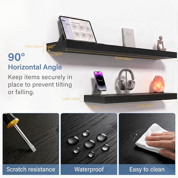 Floating Shelves for Wall, Bathroom Shelves Over Toilet, Wall Shelves & Book Shelf for Room, Hanging Shelf, Modern Wooden Mounted Floating Shelves, 36x7x1.5 in (Black, Set of 2)