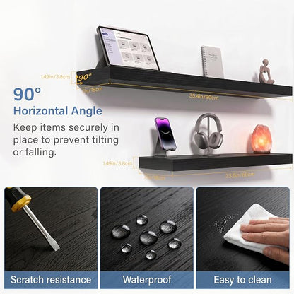 Floating Shelves for Wall, Bathroom Shelves Over Toilet, Wall Shelves & Book Shelf for Room, Hanging Shelf, Modern Wooden Mounted Floating Shelves, 36x7x1.5 in (Black, Set of 2)