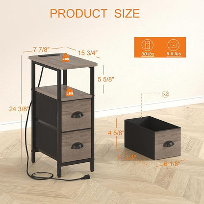 sthmec Narrow End Table with Charging Station, Narrow Side Table with 2 Fabric Drawers, Slim Nightstand, Skinny Bedside Table, Small Side Table for Small Spaces, Living Room, Bedroom, Grey