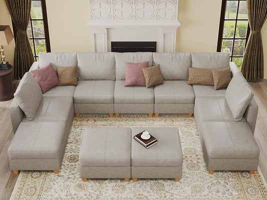 EASE MOOSE Faux Leather Sectional Modular Sofa with Storage,Faux Leather Modular Couch Convertible Sectional Couch,WHITESAND