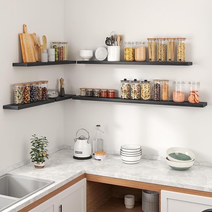Heimlove Floating Shelves for Wall,16 inchs Shelf for Small Bathroom,Mounted Storage & Display Wood Shelves for Bedroom,Living Room,Kitchen,Office,Set of 2,Black