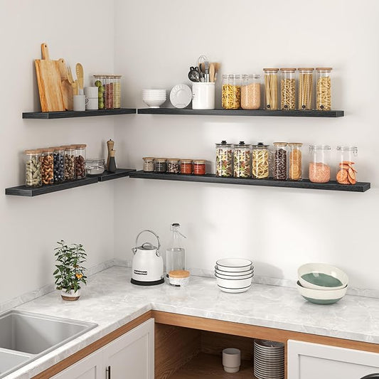 Heimlove Floating Shelves for Wall 32 Inch,Mounted Storage Wood Shelves with Invisible Brackets Hanging Shelf for Bedroom Living Room Kitchen Office,Set of 2,Black