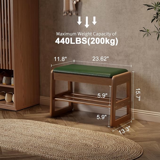 AQIMUELE Shoe Rack Bench,2 Tiers Shoe Bench with Storage with Flip-Top,Wood Shoe Rack for Entryway,Hallway（Green Upholstered Seat,11.8" D x 23.62" W x 15.7" H