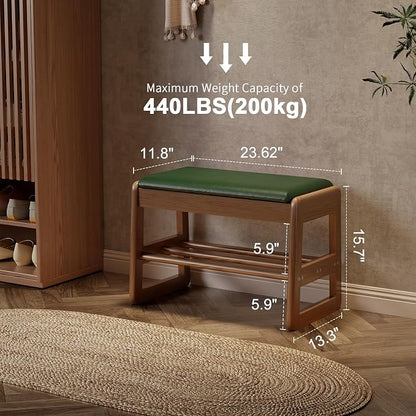 AQIMUELE Shoe Rack Bench,2 Tiers Shoe Bench with Storage with Flip-Top,Wood Shoe Rack for Entryway,Hallway（Green Upholstered Seat,11.8" D x 23.62" W x 15.7" H