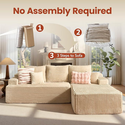 ovios 96" Cloud Sectional Couch with L-Shape Chaise,Modern Modular Sofa with Deep Seat, Upholstered Couches for Living Room Bedroom,No Assembly Required, Beige (Plush Corduroy Fabric)