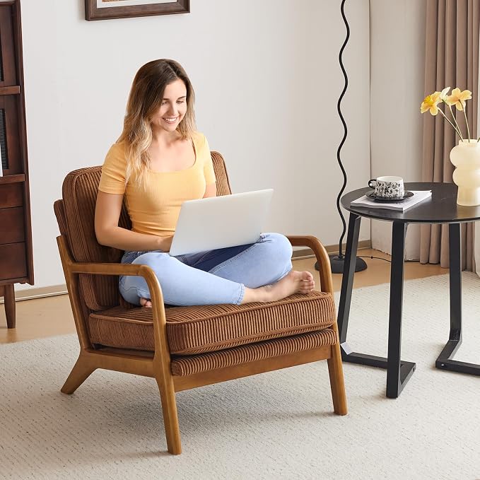 Karl home Mid-Century Modern Accent Reading Chair, Brown | Corduroy Upholstered, Solid Wood Frame, Soft Cushion, Lumbar Pillow, Lounge Armchair for Living Room, Bedroom, Balcony, Study