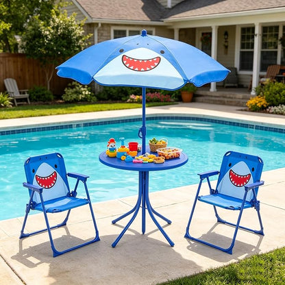 HONEY JOY Kids Picnic Table, Animal Themed Toddler Outdoor Table and Chair Set, 2 Folding Chairs & Removable Umbrella, Children Outdoor Furniture for Backyard Patio Garden (Navy Shark)
