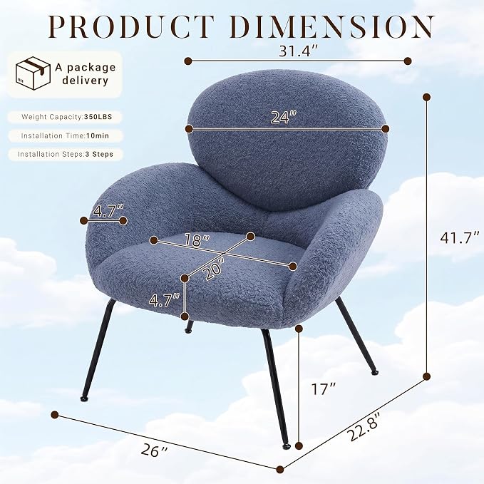 Accent Chair, Accent Chair for Bedroom, Boucle Chair (Blue) | Comfy Bedroom Chair with Love Back and Sturdy And Durable Solid-Wood Frame/ Study Room / Bedroom / Living Room /(Cream Style)