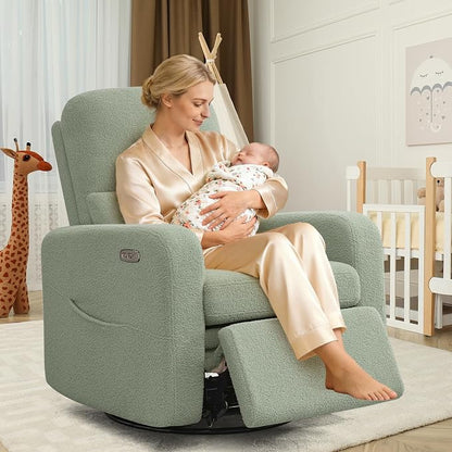 Power Swivel Rocker Recliner, Oversized Electric Boucle Recliner Chair, Teddy Swivel Glider Nursery Reclienr with Removable Cushion, Upholstered Recling Chair for Living Room Bedroom, Green