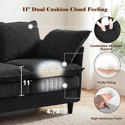 3 Seater U-Shape Couch Sofa with Ottomans, 69" Small Couch Modern Comfy Cloud Sofa with 23" Deep Washable Pillow ChenilleCover Couches for Living Room Bedroom Apartment Office 69-Black-U