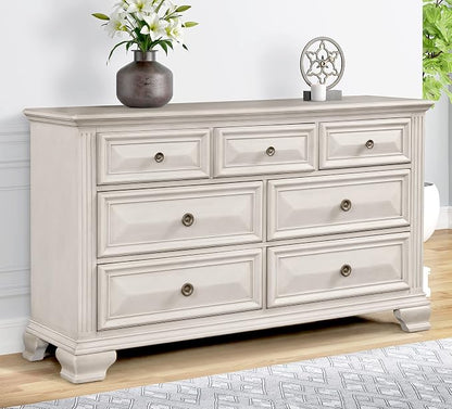 Roundhill Furniture Renova Distressed Parchment Wood Bedroom Set, King Panel Bed, Dresser, Mirror, Two Nightstands