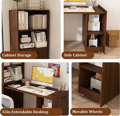 KEIKI Home Office Stretchable Desks with Storage Shelves and Mobile Wheels, Modern Wood Foldable Desk Gaming Computer Corner Table for Apartments Work, Study, Writing