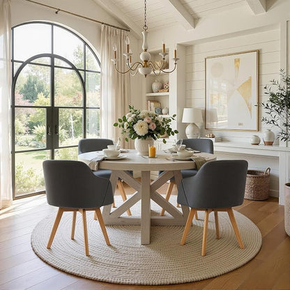Swivel Dining Chairs Set of 6, Mid Century Modern Dining Chairs with Arms, Linen Fabric Upholstered Kitchen Dining Room Chairs with Solid Wood Legs for Living Room Grey