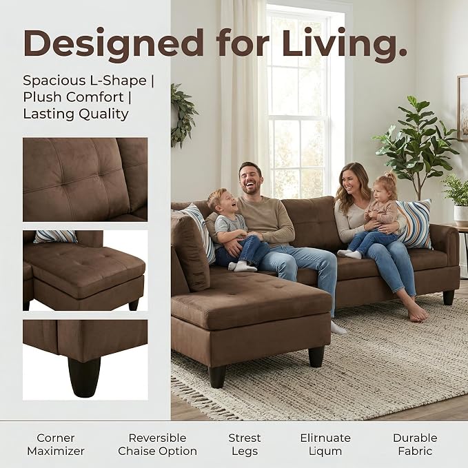 L-Shaped Sectional Sofa, Modern 4-Seat Couch with Left Facing Chaise, Sectional Couch for Living Room, Apartment, Office, Chocolate