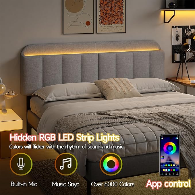 Adjustable Headboard for King/California King Size Bed Frame, Linen Fabric Bed Headboard with Storage & RGB LED Light in Modern Vertical Channel Design, Light Grey