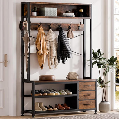 Lulive Hall Tree with 3 Drawers, Industrial Entryway 39.4" Coat Rack Shoe Bench, Freestanding Mudroom Organizer with 12 Hooks, Top Shelf Storage (Rustic Brown)