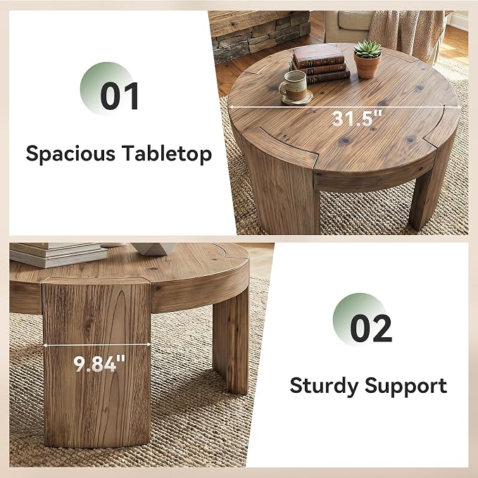 Solid Wood Round Coffee Table, 31.5-Inch Farmhouse Circle Center Cocktail Tea Table for Living Room, Wood Home Living Room Furniture, Easy Assembly, Light Brown