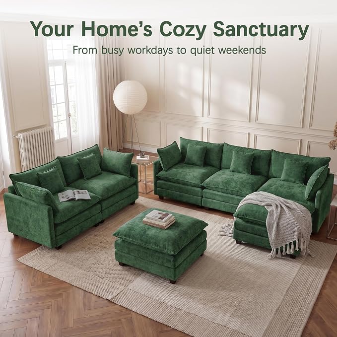 Oversized Loveseat Sofa, 70" Sectional Cloud Couch, 2 Seat Modern Comfy Sofa Chenille Deep Seat Couches with 2 Pillows, for Small Apartment, Bedroom, Living Room（Green 70" Loveseat）