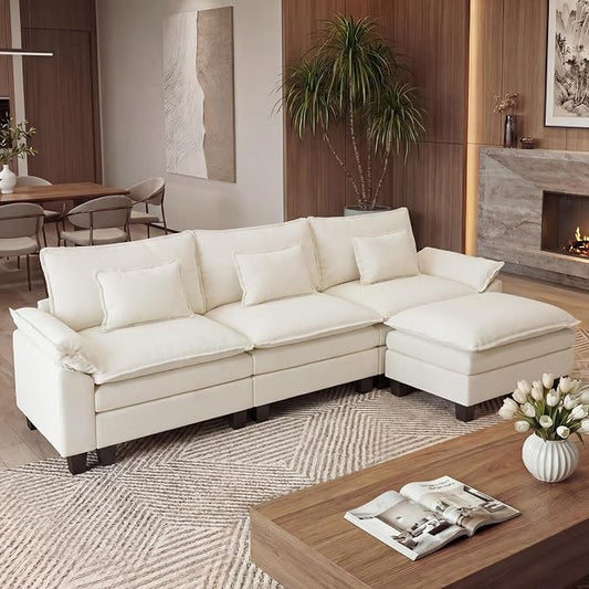 Oversized Modular Sectional Sofa, 122" L Shaped Modern Comfy Cloud Couch with Movable Ottoman & Pillows, Deep Seat Couches for Living Room, Bedroom or Apartment (Chenille Beige, 122" L Shaped)