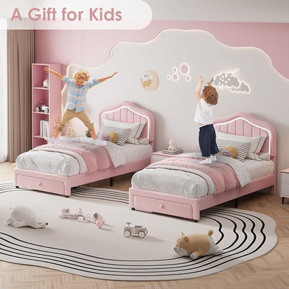 GarveeHome Upholstered Twin XL Bed Frame with Led Lights and Storage Drawer, Velvet Led Bed Frame with Headboard for Kids, Girls, Boys, No Box Spring Needed, Wooden Slats, Noise Free, Pink