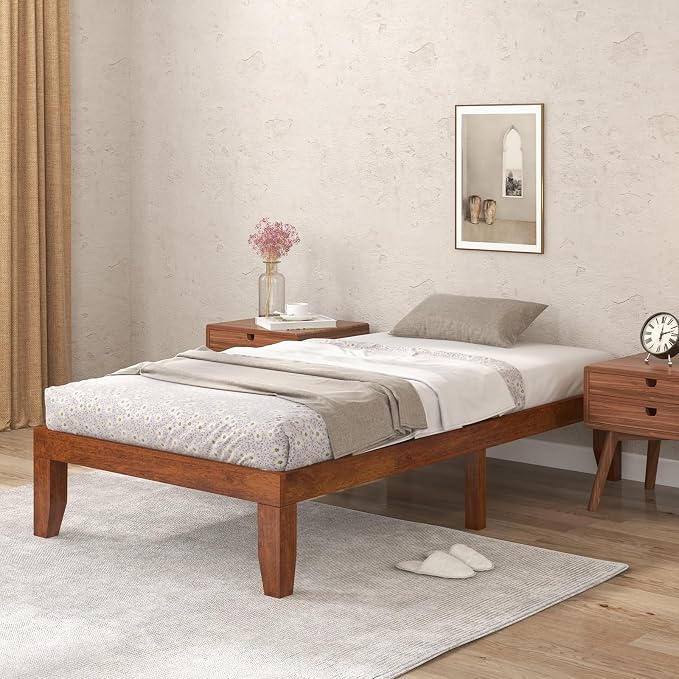 COSTWAY Wood Platform Bed Frame, 14 Inches Solid Rubber Wood Bed Mattress Foundation with Sturdy Slats Support, Easy Assembly Bed Frame for Home Hotel, No Box Spring Needed (Walnut, Twin)