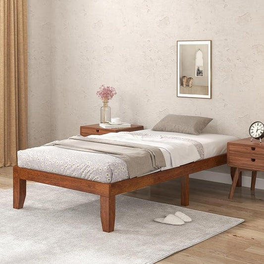 COSTWAY Wood Platform Bed Frame, 14 Inches Solid Rubber Wood Bed Mattress Foundation with Sturdy Slats Support, Easy Assembly Bed Frame for Home Hotel, No Box Spring Needed (Walnut, Twin)