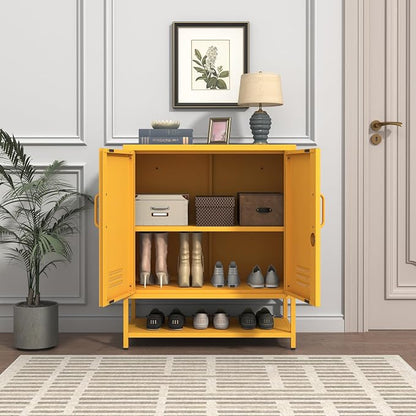 Wide 3-Tier Metal Shoe Storage Cabinet, Multifunctional Household Shoe Organizer with Adjustable Shelves for Home & Entryway Yellow 33" H X 29.5" W X 13.8" D