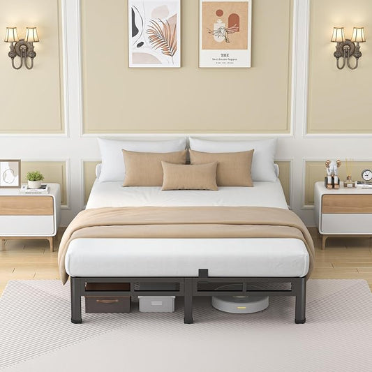 NKZ 7 Inch Queen Size Bed Frame, Metal Bed Frame & Box Spring 2 in 1 Platform with Round Corner Legs, 4000Lbs Heavy Duty Low-Profile Frame, Mattress Slide Stopper, Noise-Free, Easy Assembly
