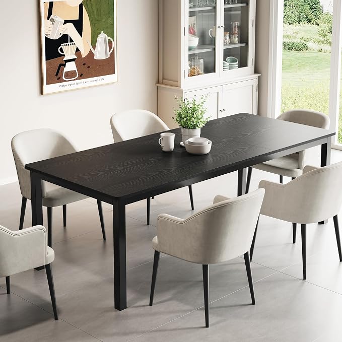 GarveeHome 78.7 in Industrial Dining Table for 6, Wooden Long Dinner Table with Mortise Tenon Design, Kitchen Table with Sturdy Metal Legs, for Dining Room Home Office Living Room, Black