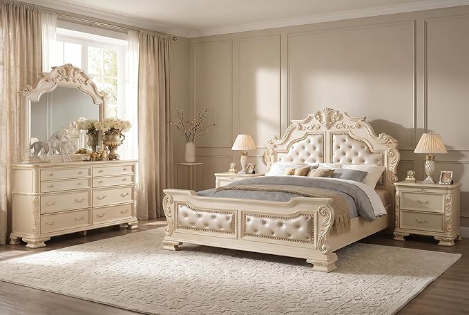 First of a Kind Victoria Off White Traditional 4 Piece Queen Bedroom Set with Upholstered Tufted Headboard Elegant European Inspired Design Coordinated Furniture Collection